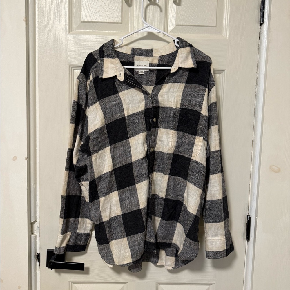 Black and Cream Plaid Button-Up Shirt